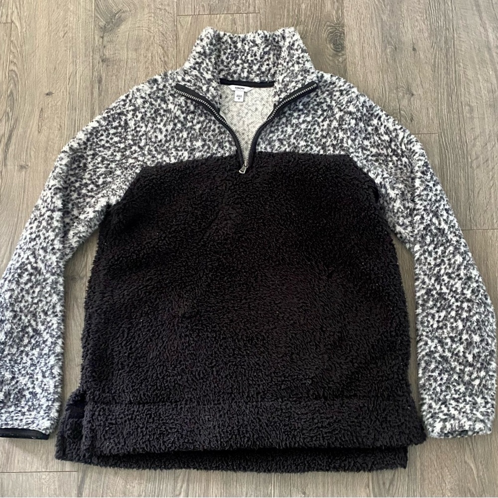 Sonoma Women's Teddy Jacket black white euc medium Sherpa soft warm quarter zip - Picture 5 of 8